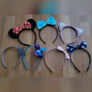 Girls Headband Lot of 7 Pink Blue Grey Flower Bow Mickey Cat Polka Dot Hair Set